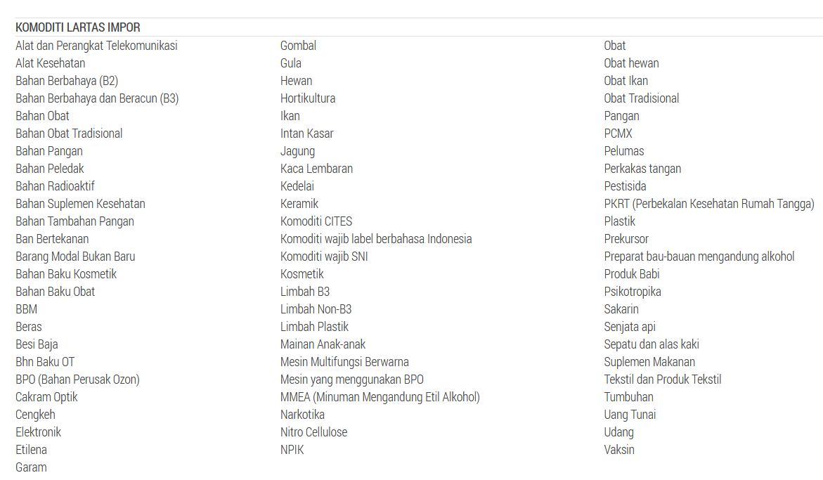Barang Komoditi yang Termasuk Lartas